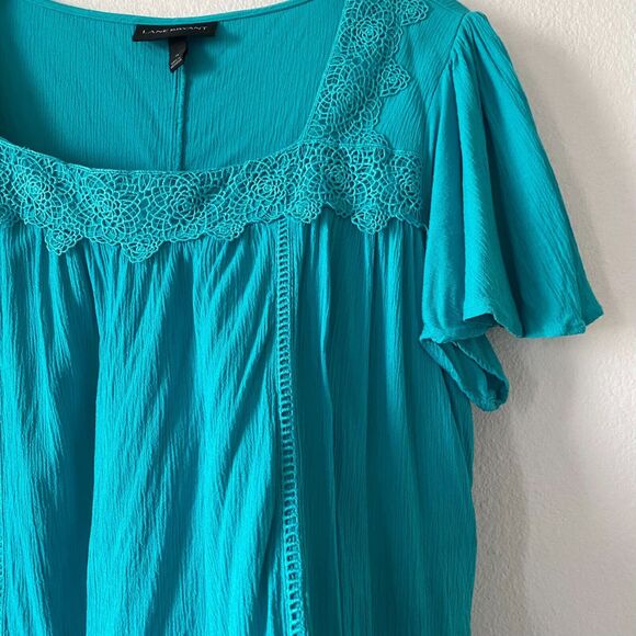 Lane Bryant Women's Tunic Teal Sz 14 Flare Sleeve Squared Neck Rayon Blouse Top - Picture 6 of 11